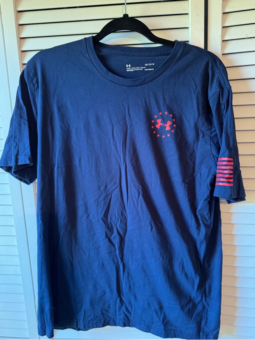 Under Armour Navy Short Sleeve Tee with Red Logo and Flag Stripes